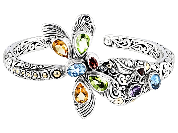 Multi-Stone Sterling Silver With 18K Gold Accents Dragonfly Cuff Bracelet 5.33ctw