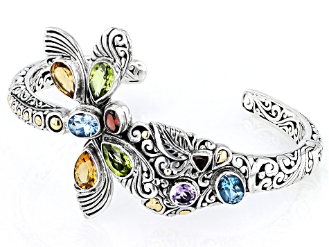 Multi-Stone Sterling Silver With 18K Gold Accents Dragonfly Cuff Bracelet 5.33ctw