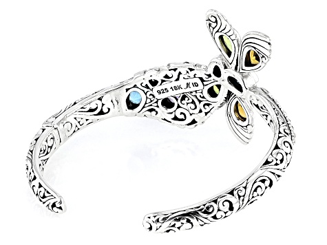 Multi-Stone Sterling Silver With 18K Gold Accents Dragonfly Cuff Bracelet 5.33ctw