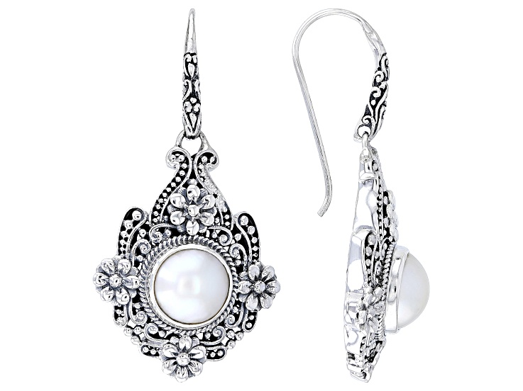 White Cultured Mabe Pearl Sterling Silver Floral Earrings 10-11mm