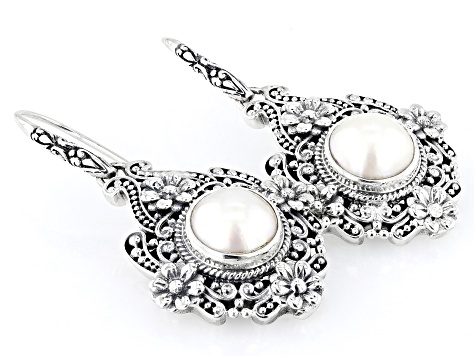 White Cultured Mabe Pearl Sterling Silver Floral Earrings 10-11mm