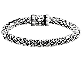 Sterling Silver & White Zircon Accents Woven Chain Bracelet 0.72ctw