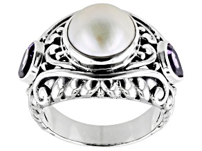 10.5-11.5mm White Cultured Mabe Pearl & Amethyst Sterling Silver Ring 1.10ctw