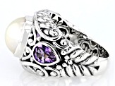 10.5-11.5mm White Cultured Mabe Pearl & Amethyst Sterling Silver Ring 1.10ctw