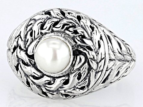 5.5-6.5mm Cultured Freshwater Pearl Sterling Silver Swirl Ring