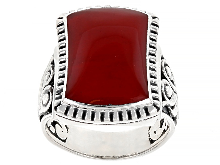 Rectangle Red Coral Sterling Silver Ring 16x10mm