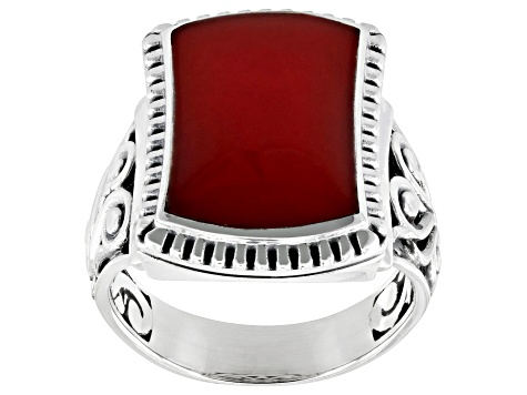 Rectangle Red Coral Sterling Silver Ring 16x10mm