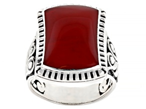 Rectangle Red Coral Sterling Silver Ring 16x10mm