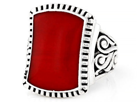 Rectangle Red Coral Sterling Silver Ring 16x10mm