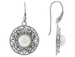 9.5-10.5mm Cultured Mabe Pearl & Swiss Blue Topaz Sterling Silver Earrings 0.80ctw