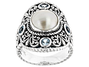 9.5-10.5mm Cultured Mabe Pearl & Swiss Blue Topaz Sterling Silver Ring 0.40ctw