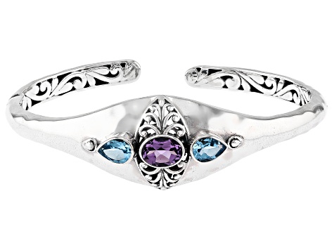 Amethyst & Blue Topaz Sterling Silver 3 Stone Hammered Cuff Bracelet 2.41ctw