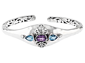 Amethyst & Blue Topaz Sterling Silver 3 Stone Hammered Cuff Bracelet 2.41ctw