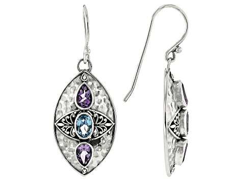 Amethyst & Blue Topaz Sterling Silver 3 Stone Hammered Earrings 2.04ctw