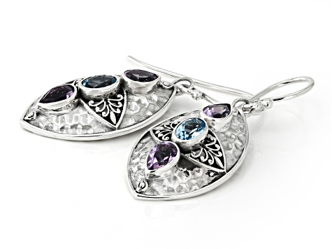 Amethyst & Blue Topaz Sterling Silver 3 Stone Hammered Earrings 2.04ctw