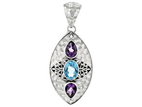 Amethyst & Blue Topaz Sterling Silver 3 Stone Hammered Pendant 2.16ctw