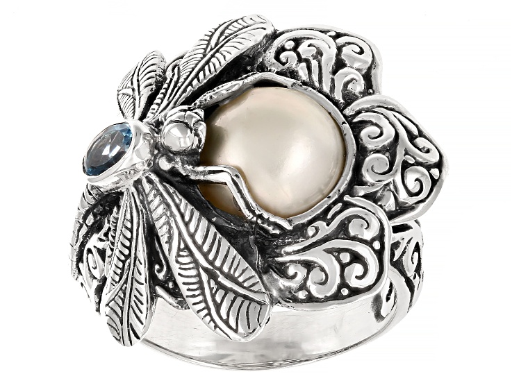 9-9.5mm White Cultured Mabe Pearl & Swiss Blue Topaz Sterling