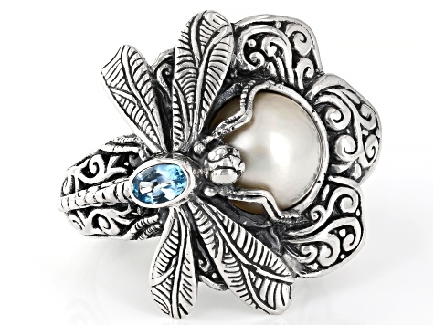 9-9.5mm White Cultured Mabe Pearl & Swiss Blue Topaz Sterling Silver Dragonfly Ring 0.25ct