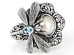 9-9.5mm White Cultured Mabe Pearl & Swiss Blue Topaz Sterling Silver Dragonfly Ring 0.25ct