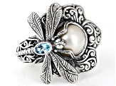 9-9.5mm White Cultured Mabe Pearl & Swiss Blue Topaz Sterling Silver Dragonfly Ring 0.25ct - BAL618