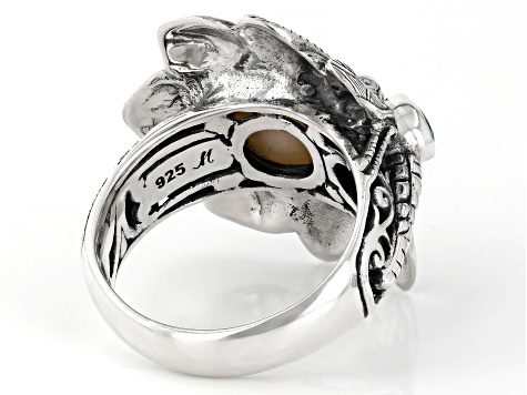 9-9.5mm White Cultured Mabe Pearl & Swiss Blue Topaz Sterling Silver Dragonfly Ring 0.25ct