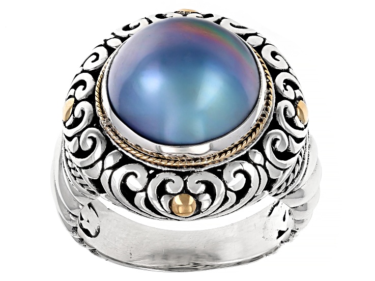 Cultured Blue Mabe Pearl Sterling Silver & 18K Gold Accent