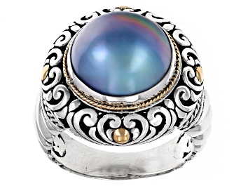 Picture of Cultured Blue Mabe Pearl Sterling Silver & 18K Gold Accent Ring 12-12.5mm