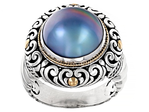 Cultured Blue Mabe Pearl Sterling Silver & 18K Gold Accent Ring 12-12.5mm