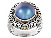 Cultured Blue Mabe Pearl Sterling Silver & 18K Gold Accent Ring 12-12.5mm