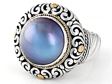 Cultured Blue Mabe Pearl Sterling Silver & 18K Gold Accent Ring 12-12.5mm