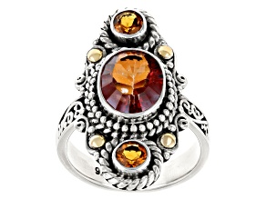 Orange Fire Quartz & Madeira Citrine Sterling Silver & 18K Gold Accent Statement Ring 2.20ctw