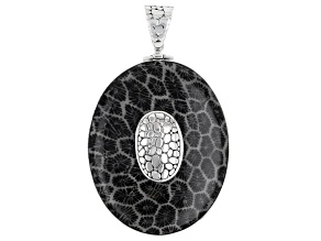 White Mother-of-Pearl & Black Sponge Coral Sterling Silver Reversible Pendant 50x38mm