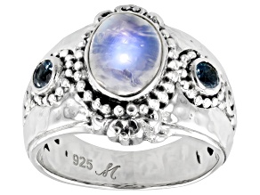 Rainbow Moonstone & Blue Topaz Sterling Silver Ring 0.28ctw