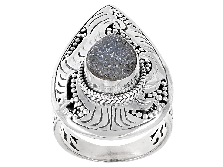 White Drusy Quartz Sterling Silver Ring 10x8mm