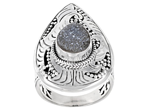 White Drusy Quartz Sterling Silver Ring 10x8mm