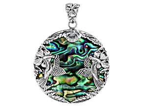 Abalone Shell Sterling Silver Hummingbird & Floral Pendant 36mm