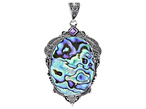 Abalone Shell & Amethyst Sterling Silver Pendant 0.30ct, 38x30mm