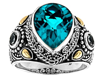 Picture of Blue Paraiba Color Quartz Doublet & White Topaz Sterling Silver & 18K Gold Accent Ring 5.54ctw