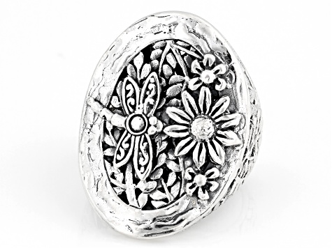 Angel Wing & Dragonfly Garden Motif Sterling Silver Ring