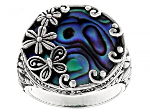 Abalone Shell Sterling Silver Floral & Butterfly Ring 18mm