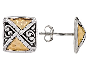 Sterling Silver & 18K Gold Accents Balinese Scrollwork Stud Earrings