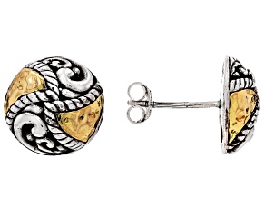 Sterling Silver With 18K Gold Accents Round Balinese Scrollwork Stud Earrings