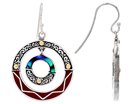 23mm Sterling Silver With 18K Yellow Gold Accent Coral & Abalone Shell Inlay Earrings