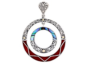 Sterling Silver With 18K Yellow Gold Accent Coral & Abalone Shell Inlay Circle Pendant