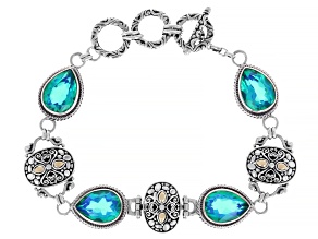 Peacock Blue Triplet Quartz Sterling Silver W/ 18K Yellow Gold Accents Station Bracelet 18.84ctw