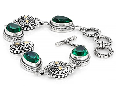Peacock Blue Triplet Quartz Sterling Silver W/ 18K Yellow Gold Accents Station Bracelet 18.84ctw