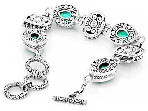 Peacock Blue Triplet Quartz Sterling Silver W/ 18K Yellow Gold Accents Station Bracelet 18.84ctw