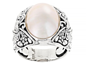 White Cultured Mabe Pearl Sterling Silver Butterfly Ring 16x12mm