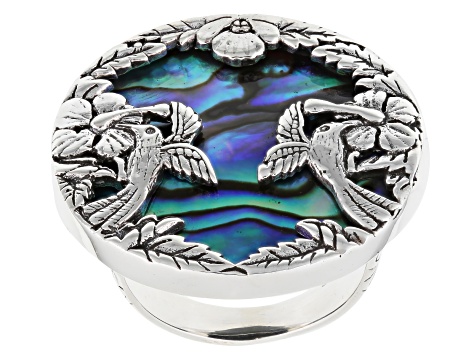 Abalone Shell Sterling Silver Hummingbird & Floral Medallion Ring 26mm