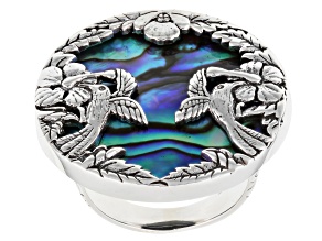 Abalone Shell Sterling Silver Hummingbird & Floral Medallion Ring 26mm